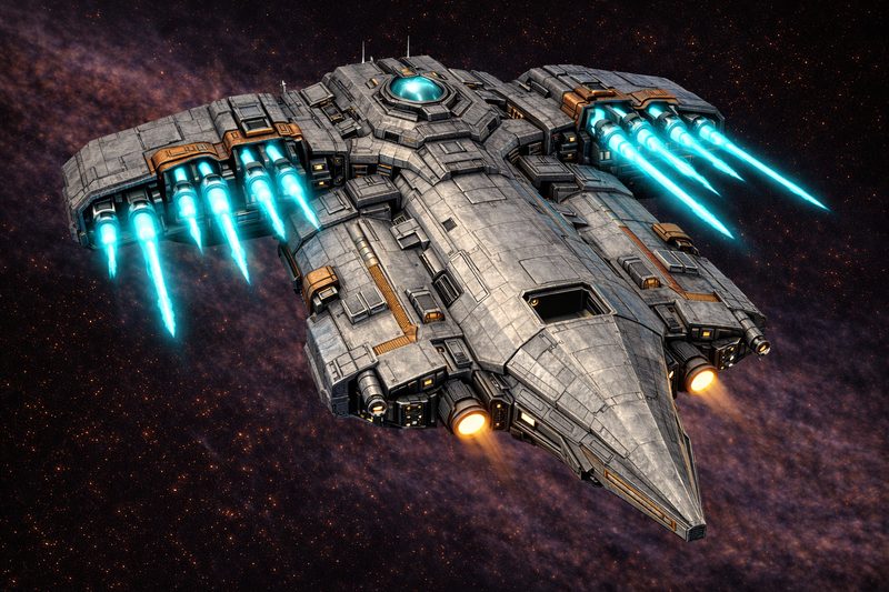 Harbinger-class cruiser with cyan weapons
